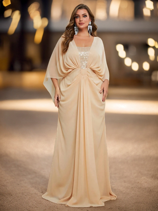 PLUS SIZE SHAWL SEQUIN GOWN "EVENING STAR" BEIGE