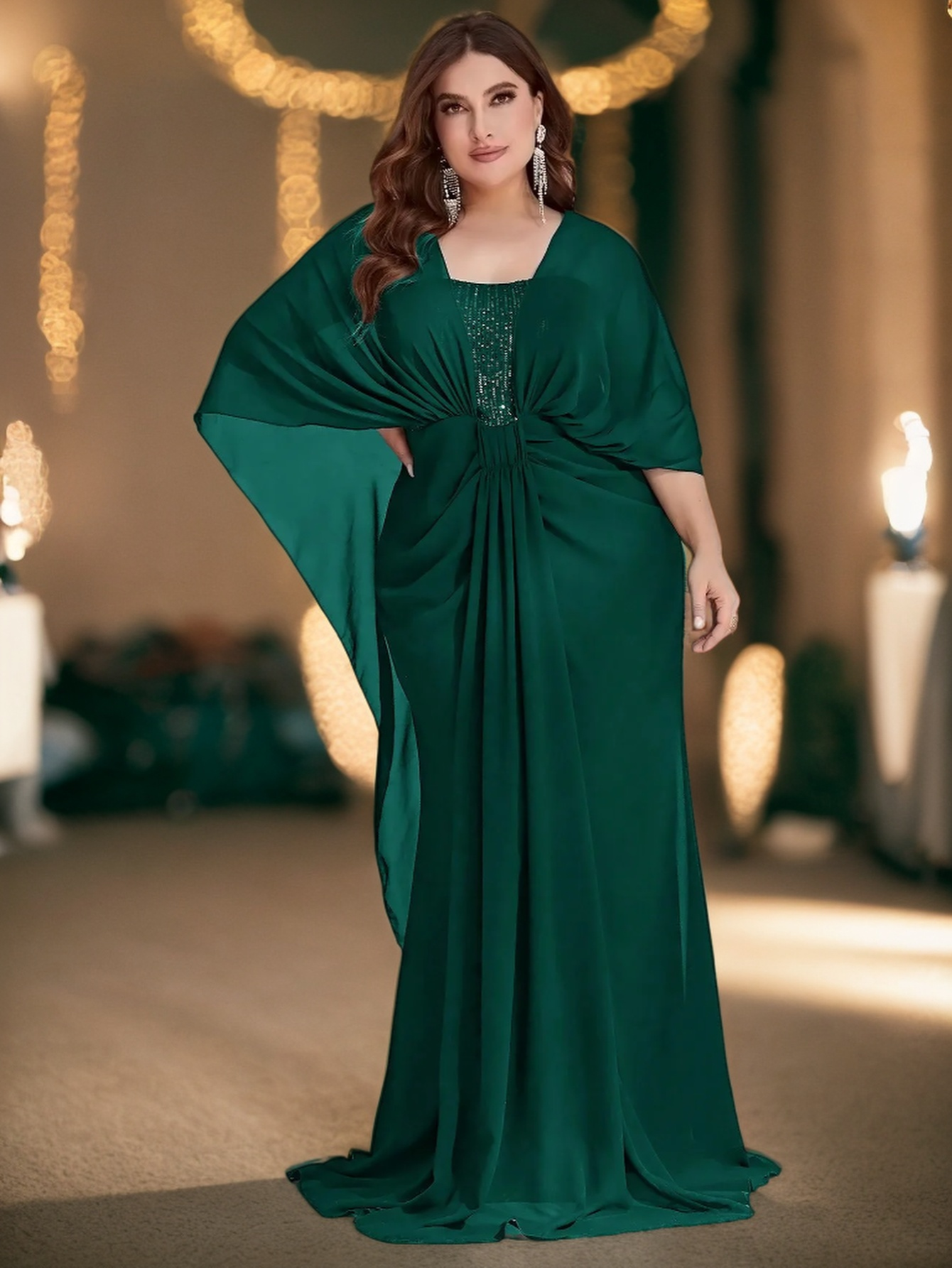 PLUS SIZE SHAWL SEQUIN GOWN "EVENING STAR" BLACK