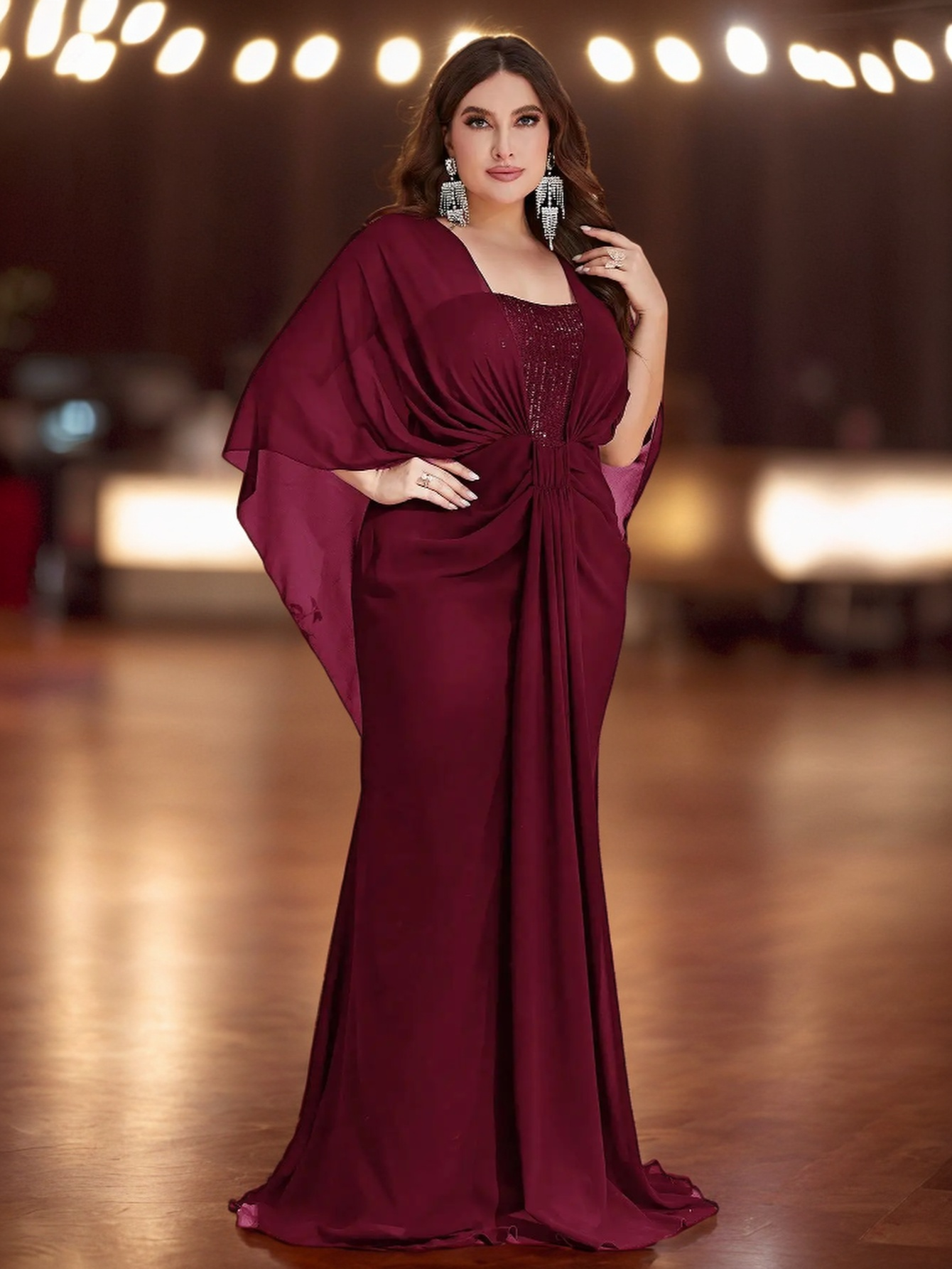 PLUS SIZE SHAWL SEQUIN GOWN "EVENING STAR" GREEN