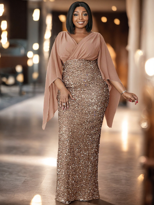 PLUS SIZE SHAWL SEQUIN GOWN "MYSTICAL NIGHT" GOLDEN