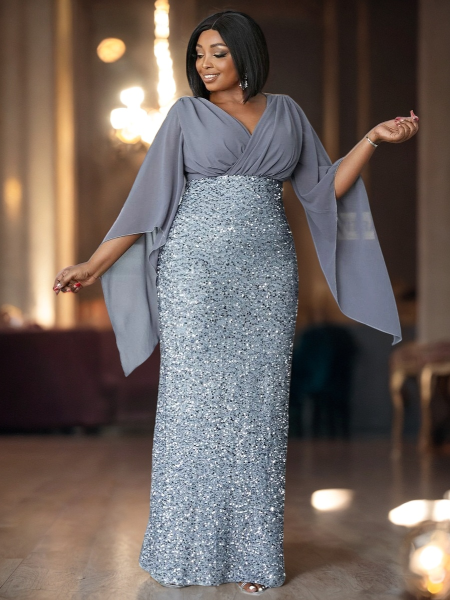 PLUS SIZE SHAWL SEQUIN GOWN "MYSTICAL NIGHT" GRAY