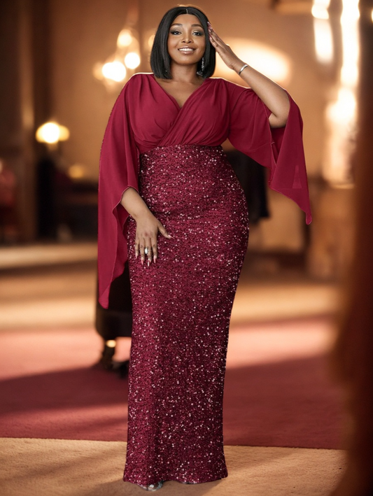 PLUS SIZE SHAWL SEQUIN GOWN "MYSTICAL NIGHT" BURGUNDY