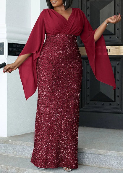 PLUS SIZE SHAWL SEQUIN GOWN "MYSTICAL NIGHT" BURGUNDY