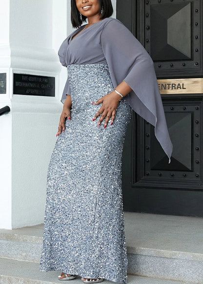 PLUS SIZE SHAWL SEQUIN GOWN "MYSTICAL NIGHT" GRAY