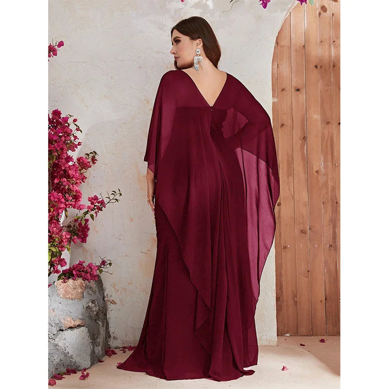 PLUS SIZE SHAWL SEQUIN GOWN "EVENING STAR" BURGUNDY