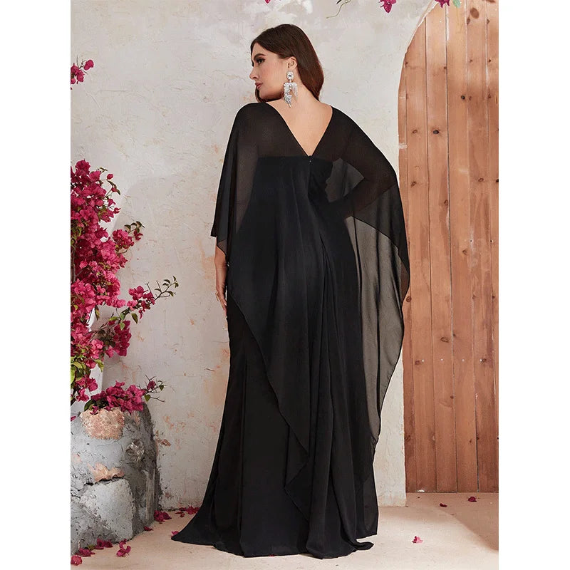 PLUS SIZE SHAWL SEQUIN GOWN "EVENING STAR" BLACK