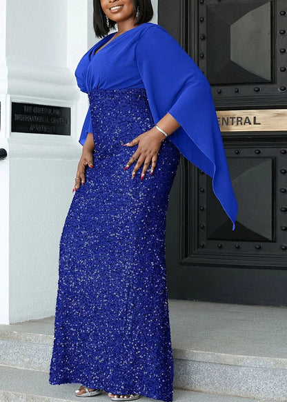 PLUS SIZE SHAWL SEQUIN GOWN "MYSTICAL NIGHT" BLUE