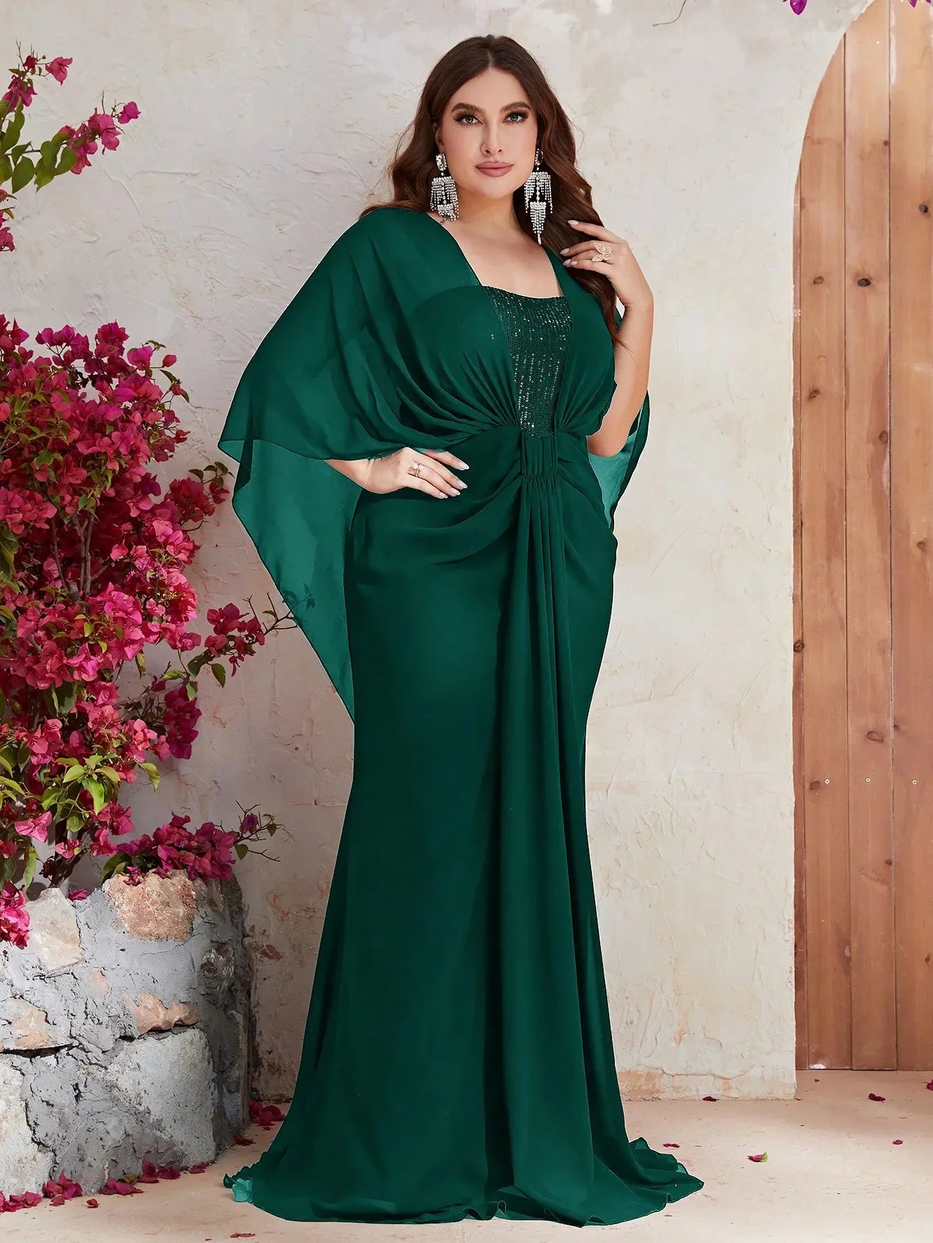 PLUS SIZE SHAWL SEQUIN GOWN "EVENING STAR" GREEN