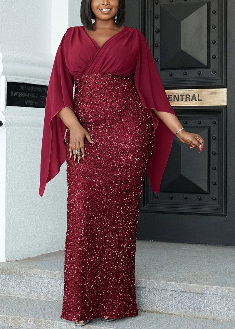 PLUS SIZE SHAWL SEQUIN GOWN "MYSTICAL NIGHT" BURGUNDY