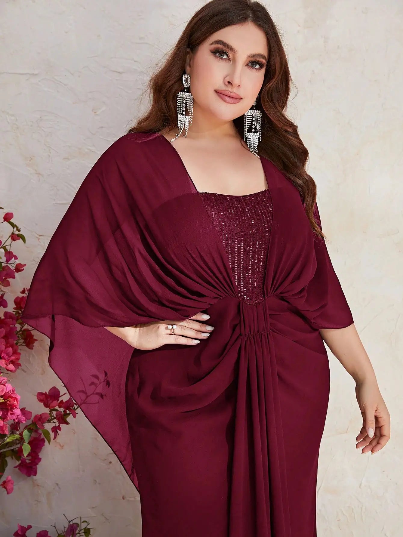 PLUS SIZE SHAWL SEQUIN GOWN "EVENING STAR" BEIGE