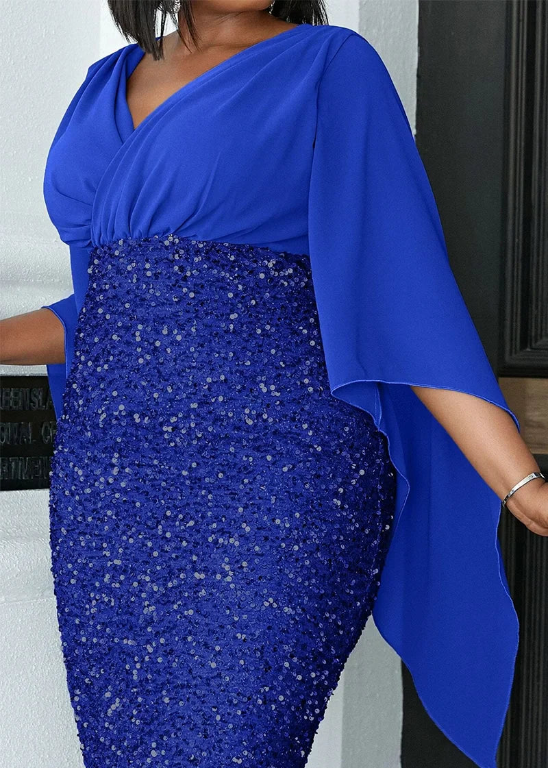 PLUS SIZE SHAWL SEQUIN GOWN "MYSTICAL NIGHT" BLUE