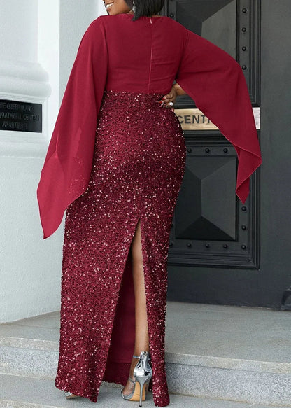 PLUS SIZE SHAWL SEQUIN GOWN "MYSTICAL NIGHT" BURGUNDY